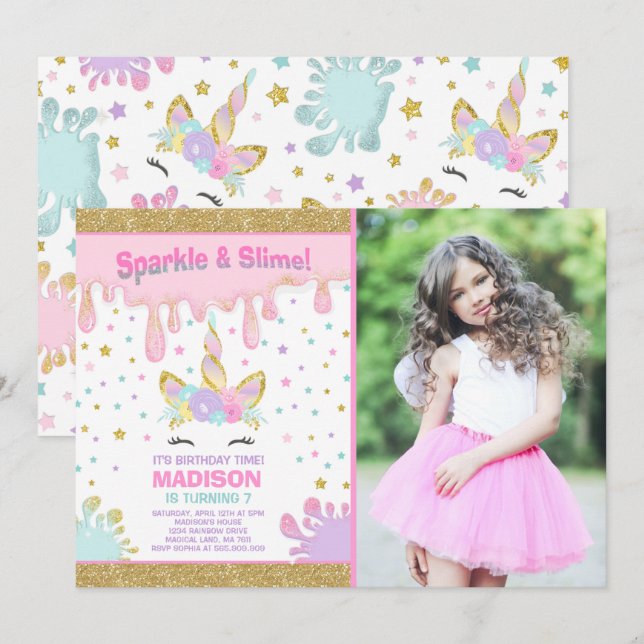 Unicorn Slime Anniversaire Invitation Slime Party (Devant / Derrière)