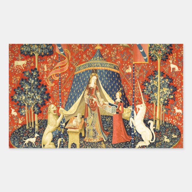 Unicorn Tapestries Lady Legend Mittelalter Rechteckiger Aufkleber (Vorderseite)