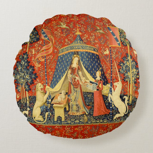 Unicorn Tapestries Lady Legend Mittelalter Rundes Kissen (Vorderseite)