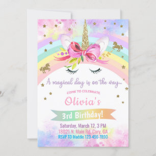Unicorn tête & fleurs fille invitation anniversair