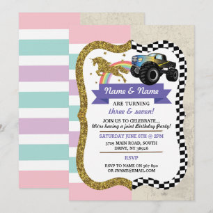 Unicorn & Truck Joint Boy Girl Birthday Einladunge Einladung