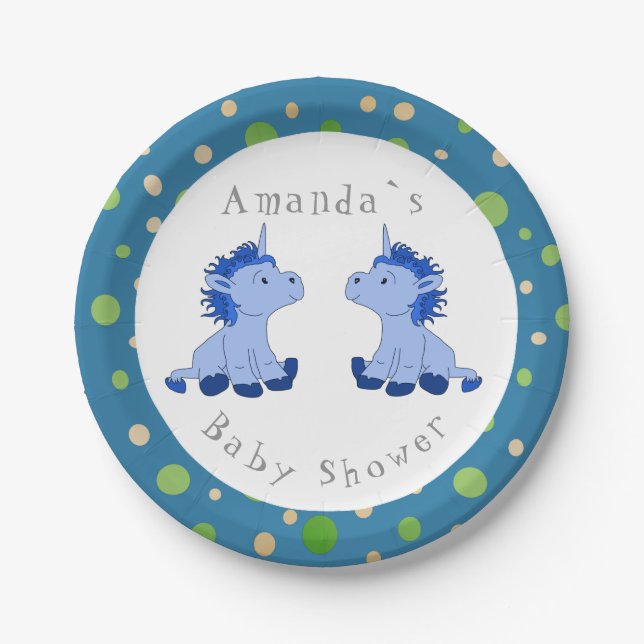 Unicorn Twin Boy Baby Dusche Party Pappteller (Vorderseite)