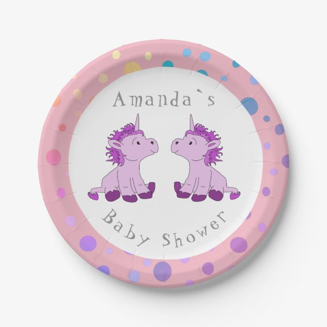 Unicorn Twin Girl Baby Shower Party Pappteller (Vorderseite)