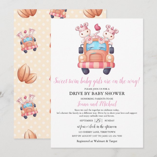 Unicorn Twin Girls Baby Dusche Pink Drive Through Einladung (Vorne/Hinten)