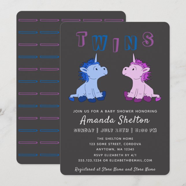 Unicorn Twins Baby Shower Einladungskarte (Vorne/Hinten)