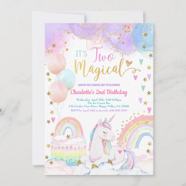 Unicorn Two Magical 2nd Birthday Party Pastel Einladung (Vorderseite)