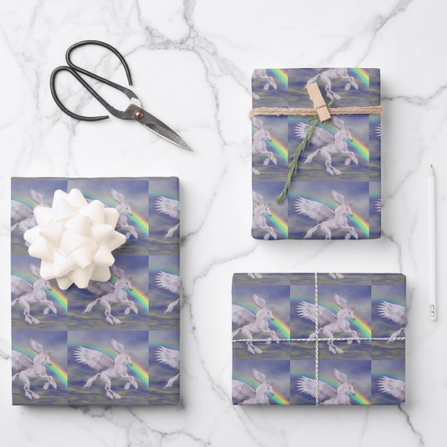 Unicorn über Regenbogen Geschenkpapier Set (Vorderseite)
