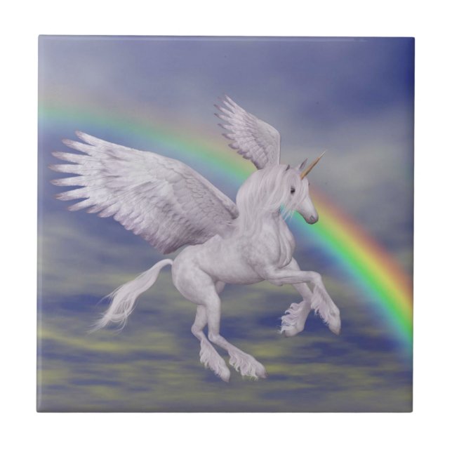 Unicorn über Regenbogen-Tierart Fliese (Vorderseite)