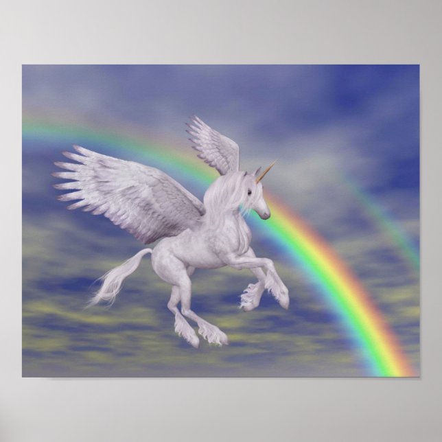 Unicorn über Regenbogenfantasy-Pferd fliegen Poster (Vorne)
