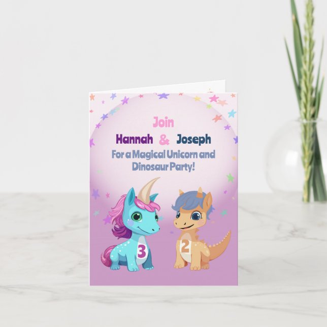 Unicorn und Dinosaurier Kids Joint Birthday Party Einladung (Vorderseite)