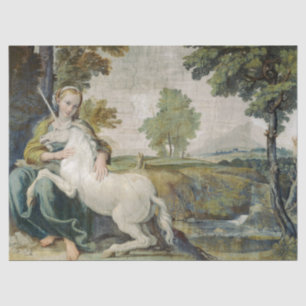 Unicorn und eine junge Frau (von Domenichino) Seidenpapier