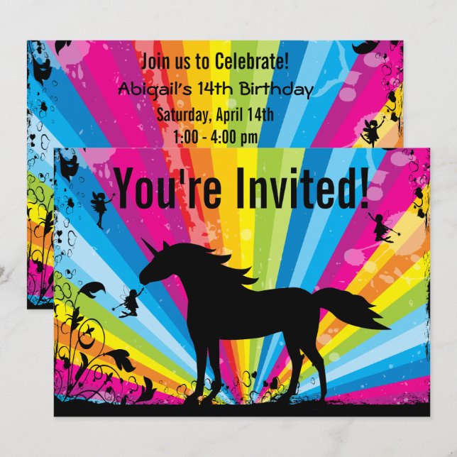 Unicorn und Fairies Rainbow Fairy Birthday Einladung (Vorne/Hinten)