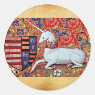 UNICORN UND MEDIEVALE BLUME, FANTASY FLORAL MOTIFS RUNDER AUFKLEBER