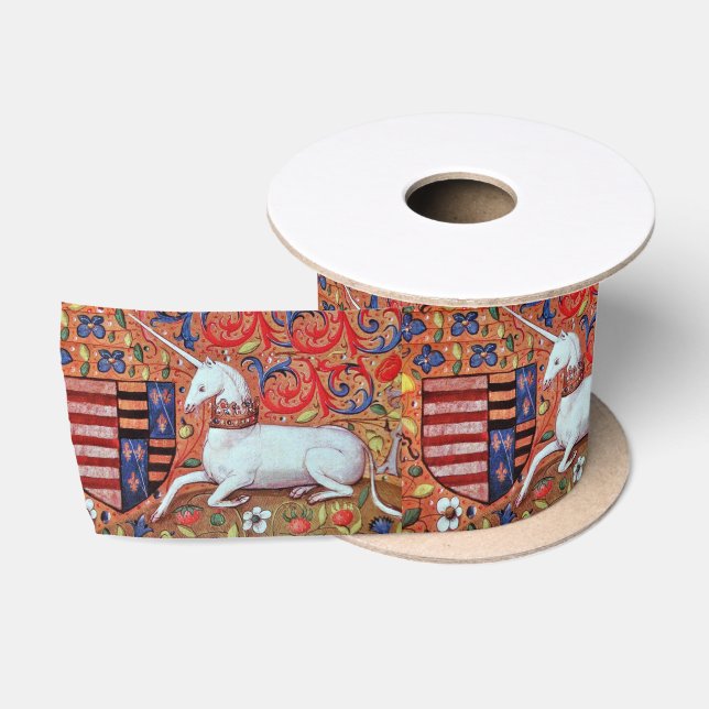 UNICORN UND MITTELALTERLICHE FANTASIE-BLUMEN, SATINBAND (Spule)