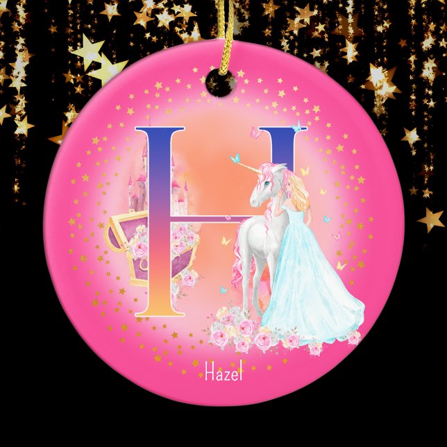 Unicorn und Princess Letter H Monogram Christmas Keramik Ornament (This pretty pink monogrammed Christmas ornament is perfect for your little princess!)