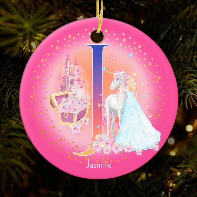 Unicorn und Princess Letter J Monogram Christmas Keramik Ornament (This pretty pink monogrammed Christmas ornament is perfect for your little princess!)