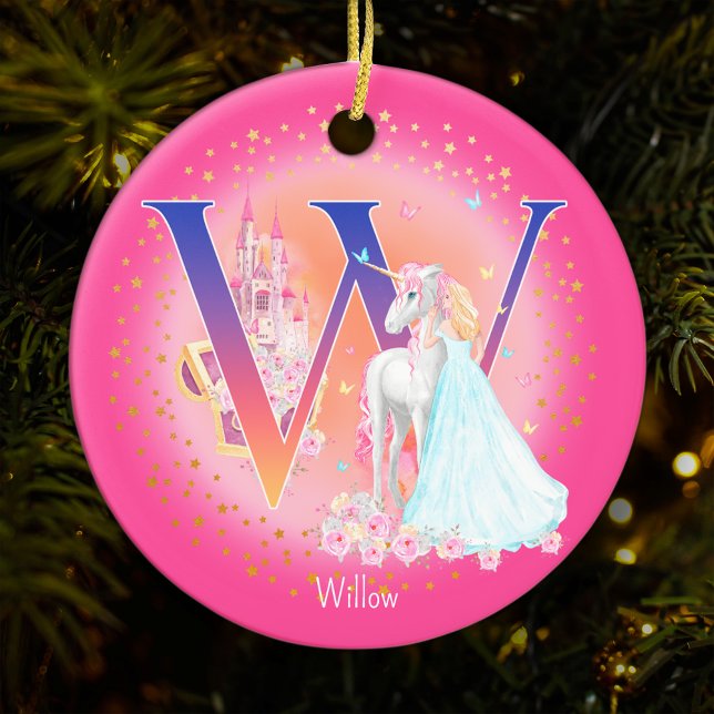 Unicorn und Princess Letter W Monogram Christmas Keramik Ornament (This pretty pink monogrammed Christmas ornament is perfect for your little princess!)