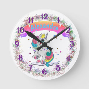 Unicorn und Regenbogen-Glitzer Runde Wanduhr