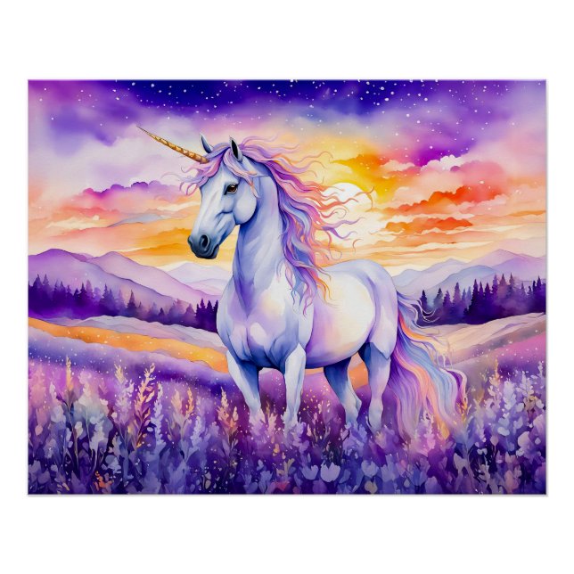 Unicorn unter Vibrant Sunset Rainbow Sky Poster (Vorderseite)