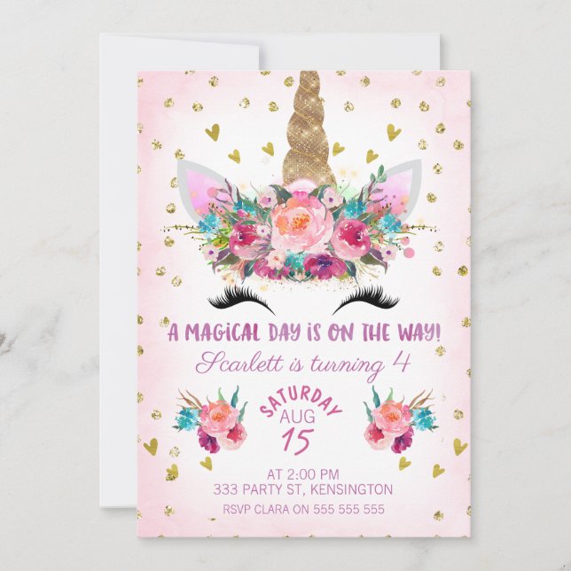 Unicorn Visage Floral Anniversaire Invitation (Devant)