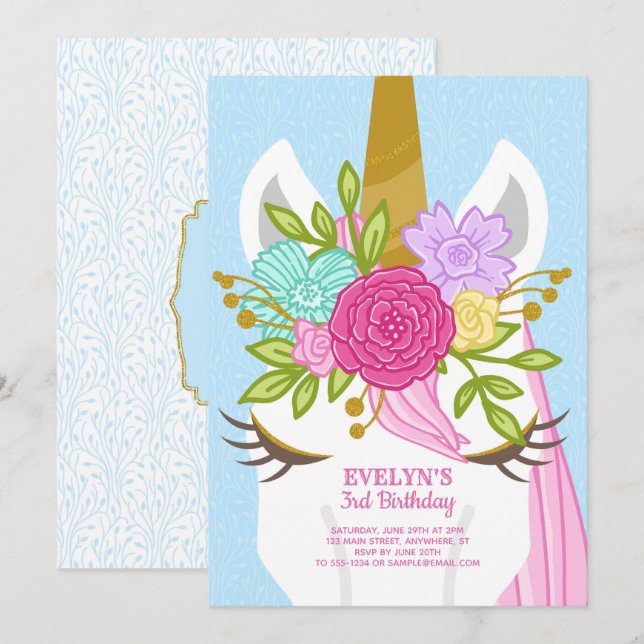 Unicorn Visage Floral Anniversaire Invitation (Devant / Derrière)