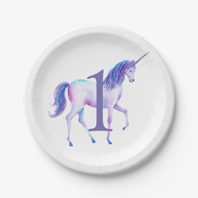 Unicorn Watercolor Personalisiert erster Geburtsta Pappteller (Vorderseite)