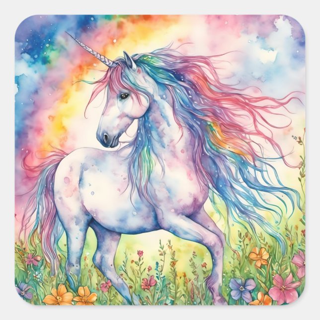 Unicorn Watercolor Quadratischer Aufkleber (Vorderseite)
