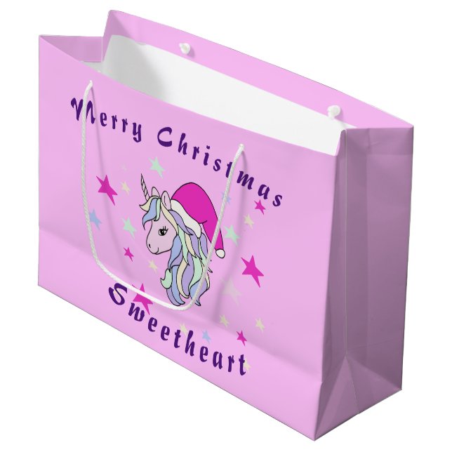 Unicorn Weihnachten personalisierbare Geschenktasc Große Geschenktüte (Vorderseite Schrägansicht)