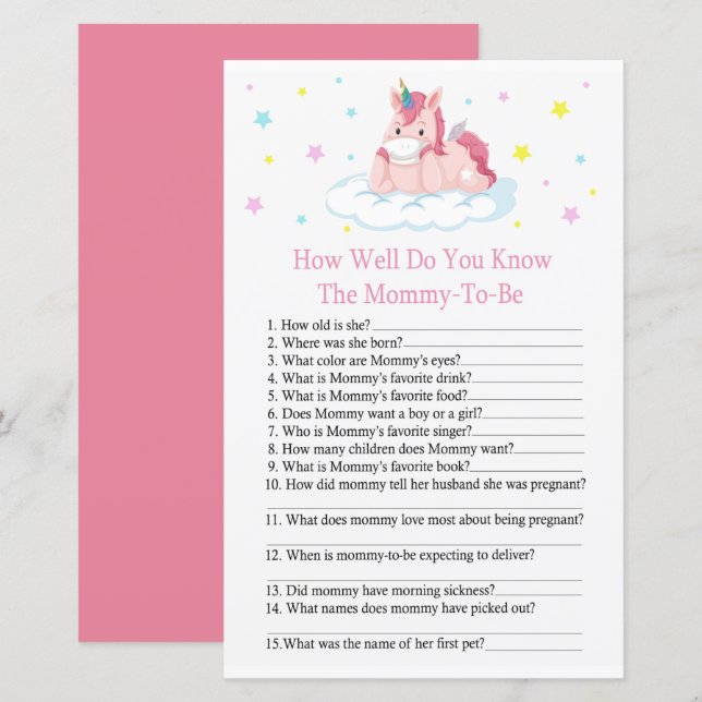 Unicorn Wie gut kennen Sie Babydusche? (Vorne/Hinten)