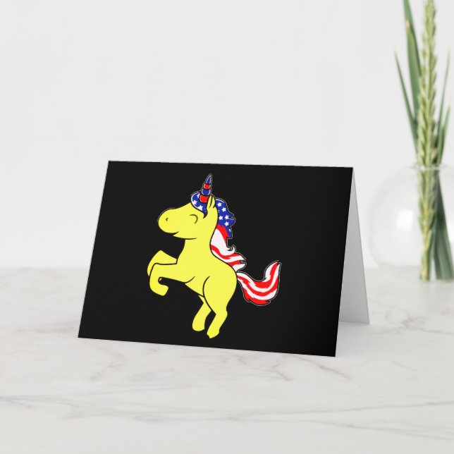 Unicorn Yellow Patriotic USA Flag Mane Cartoon Karte (Vorderseite)