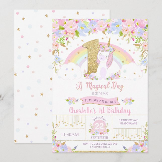Unicorne 1er anniversaire Invitation Floral Arc-en (Devant / Derrière)