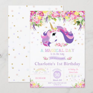 Unicorne 1er anniversaire Invitation Floral Arc-en