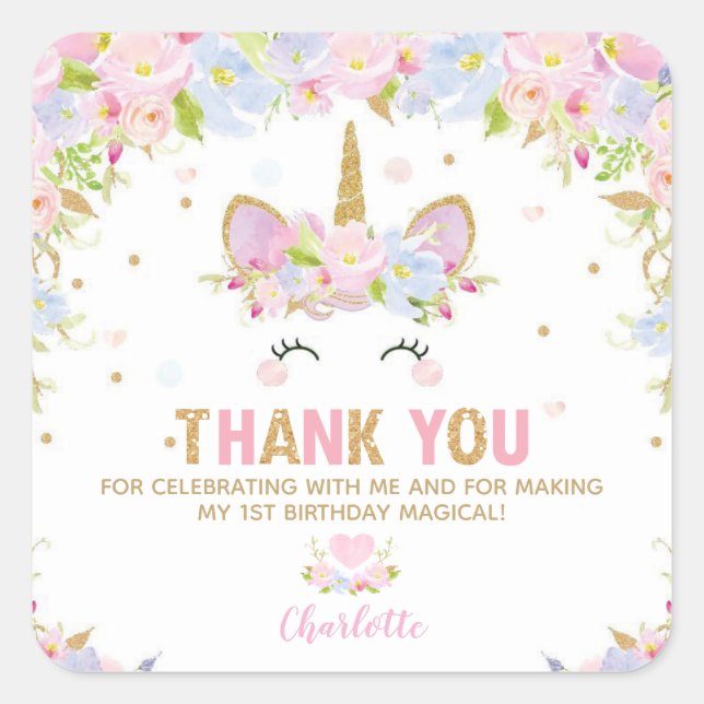 Unicorne 1er anniversaire Merci Favor Sticker Étiq (Devant)