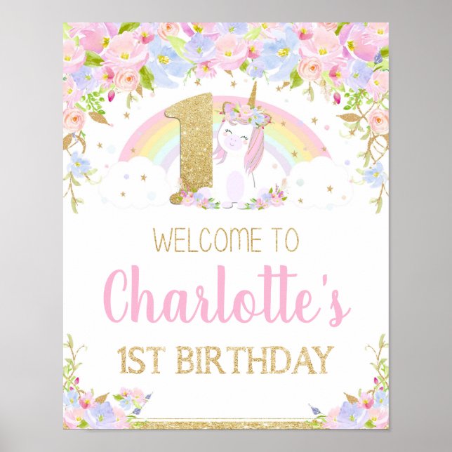 Unicorne 1er anniversaire Rainbow Welcome Poster (Devant)