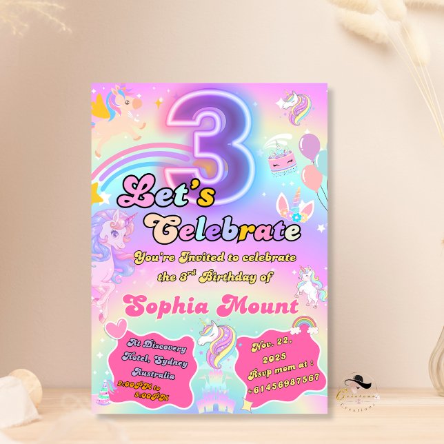 Unicorne 3e anniversaire enfants fêtes Invitations (Créateur téléchargé)