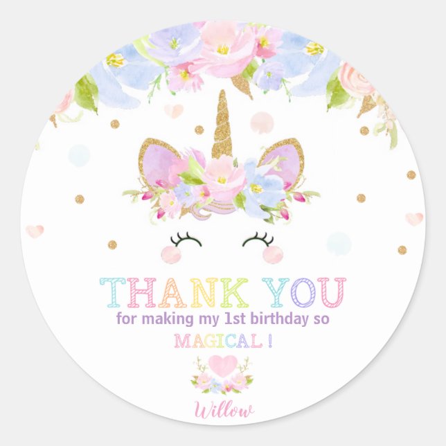 Unicorne Anniversaire Merci Sticker Étiquettes (Devant)