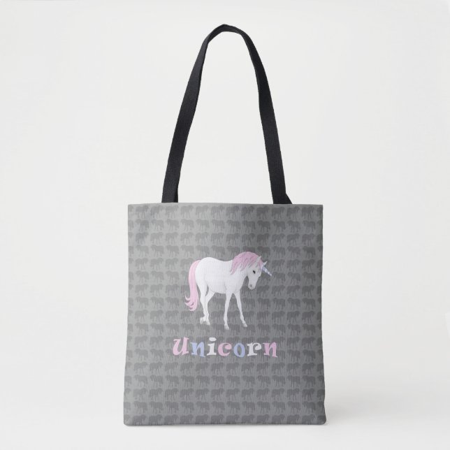 Unicorne blanche sur Sac fourre-tout gris (Devant)