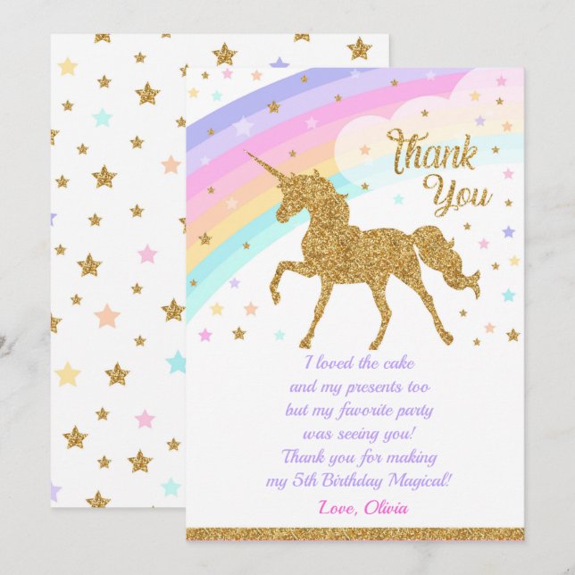 Unicorne, Carte de remerciements d'anniversaire (Devant / Derrière)
