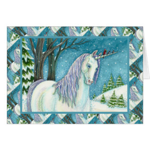 UNICORNE D'HIVER ET OISEAUX, CARTE DE NOIX PAISIBL