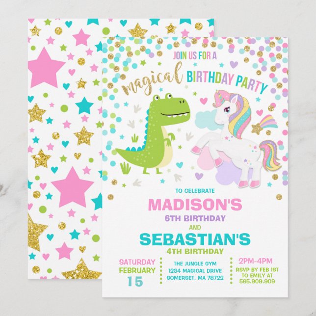 Unicorne Et Dinosaure Anniversaire Invitation Frèr (Devant / Derrière)
