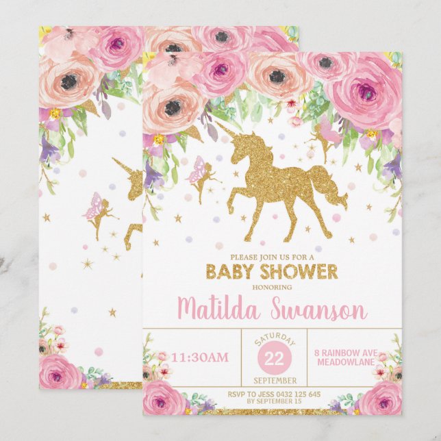 Unicorne et Fairy Baby shower Invitation Bébé Fill (Devant / Derrière)