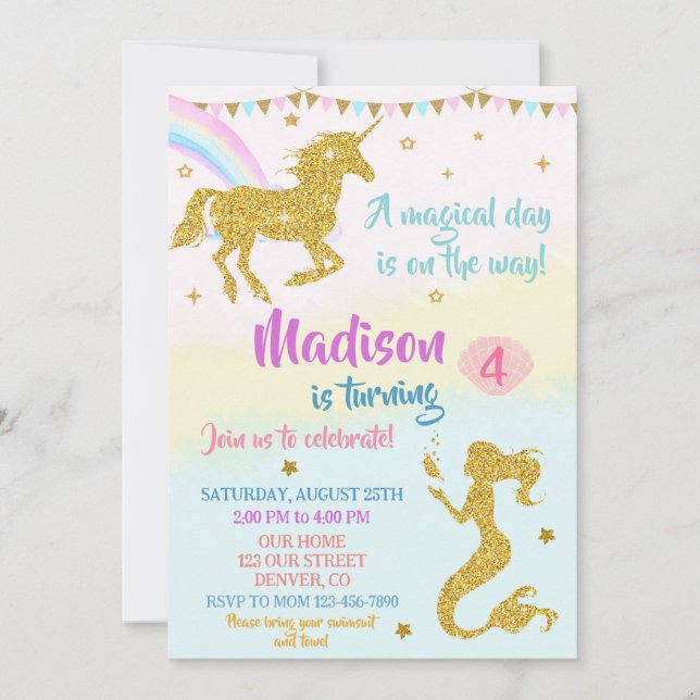 Unicorne et sirène invitation d'anniversaire fille (Devant)