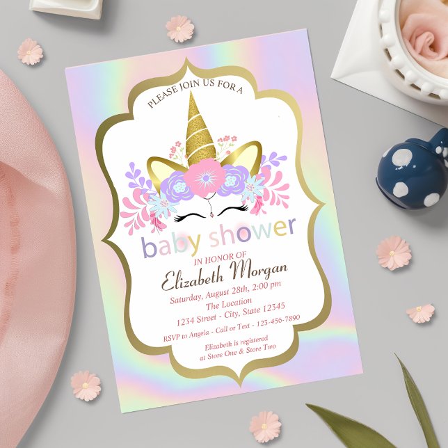 Unicorne, Floral, Invitation Baby shower holograph (Créateur téléchargé)