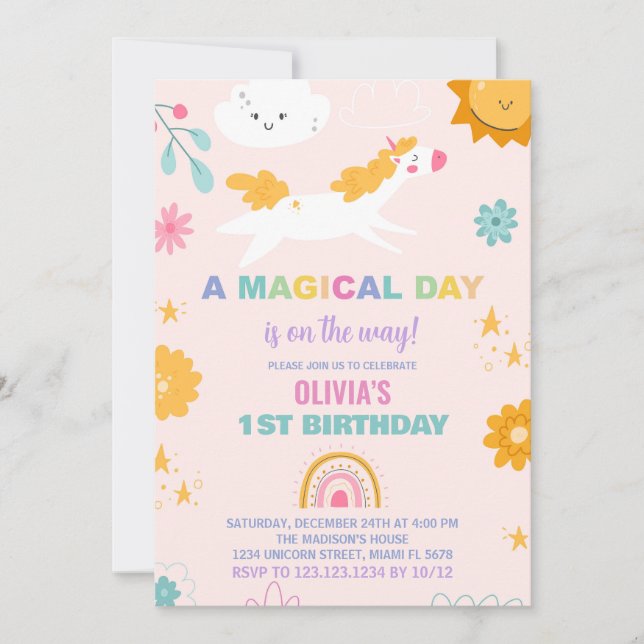 Unicorne florale Invitations d'anniversaire (Devant)