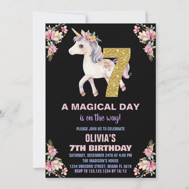Unicorne florale Invitations d'anniversaire (Devant)