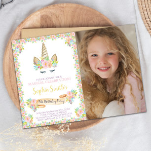 Unicorne florale Invitations d'anniversaire avec p