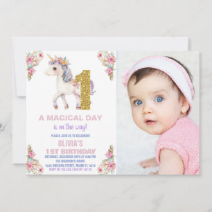 Unicorne florale Invitations d'anniversaire avec p