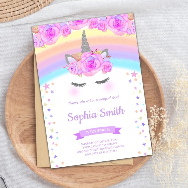 Unicorne Florale Violet Invitations Anniversaires (Purple Floral Unicorn Birthday Invitations)