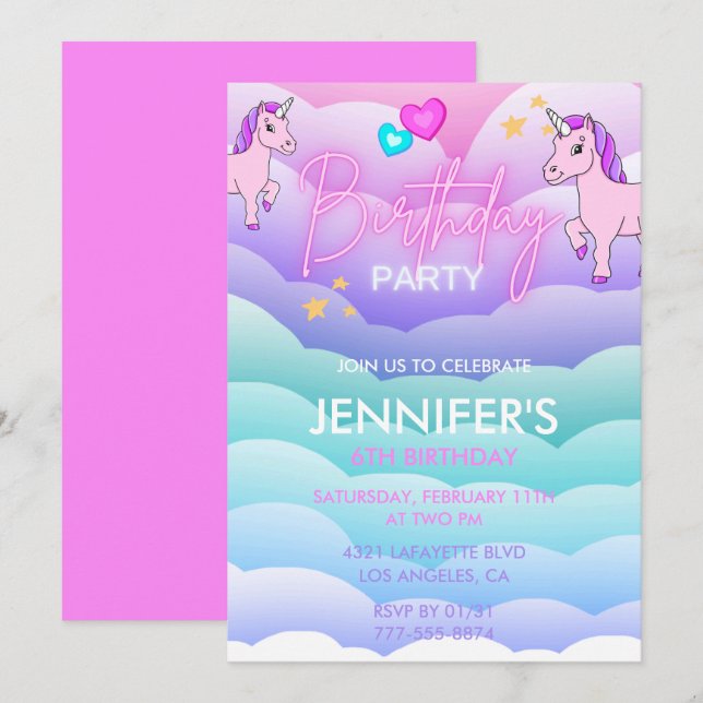 Unicorne Invitations de 6ème anniversaire Purple P (Devant / Derrière)