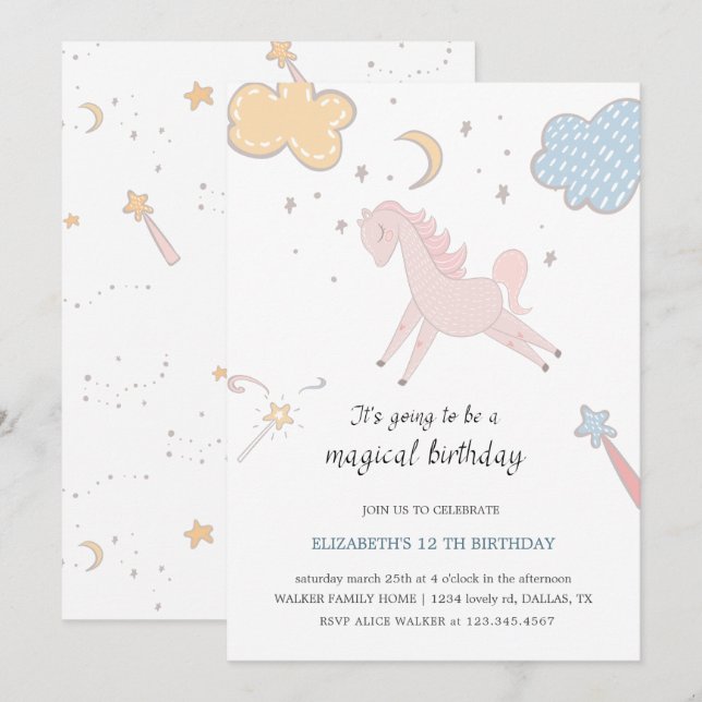 Unicorne magique | Invitation d'anniversaire (Devant / Derrière)